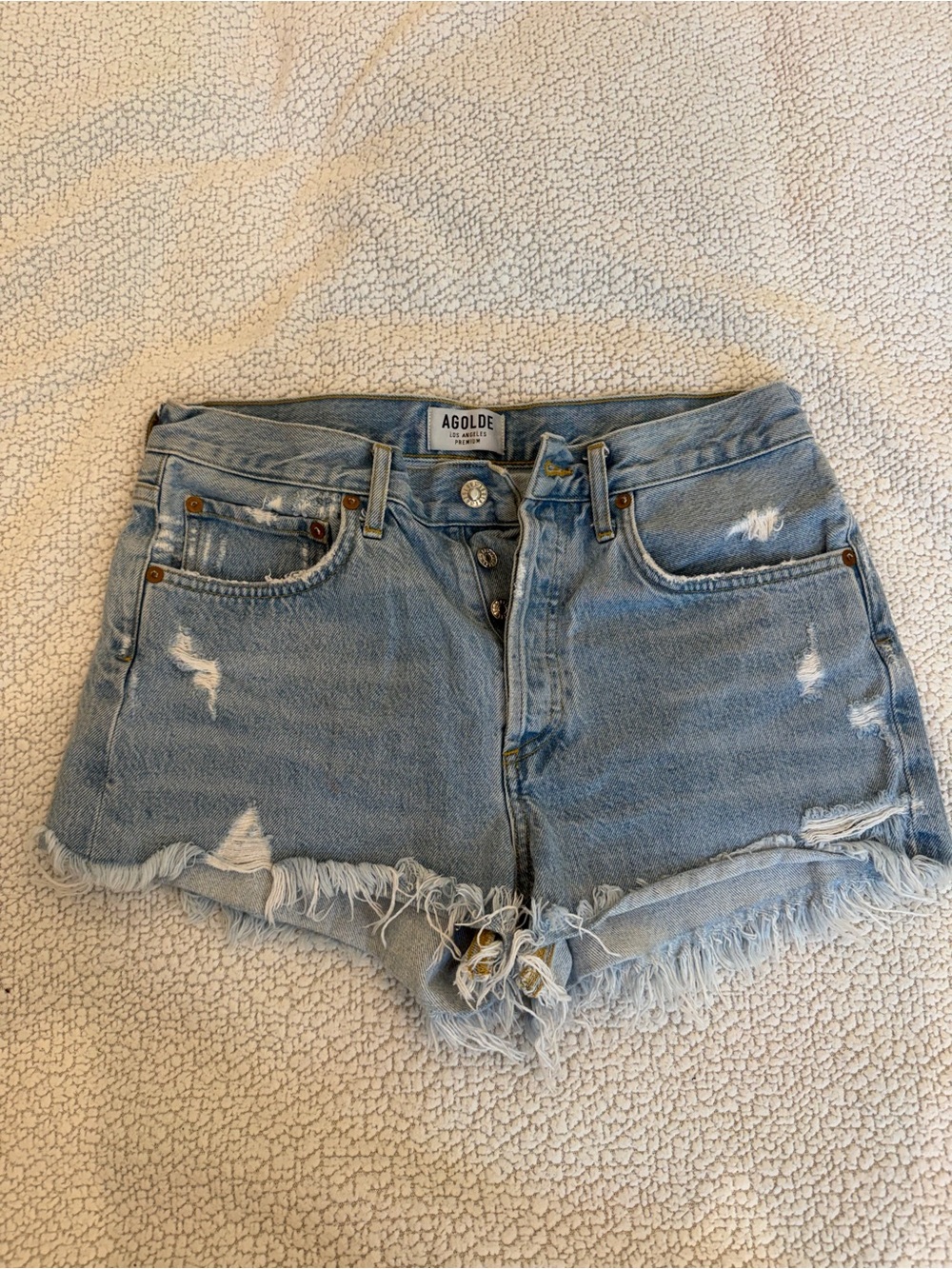 Agolde Light Wash Distressed Denim Cutoff Shorts
